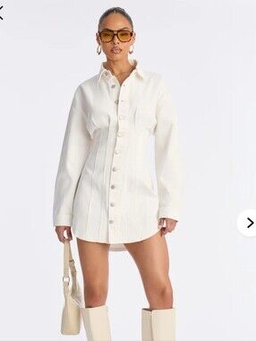 Fashion Nova White Demin Button-Front Long Sleeve Mini Dress